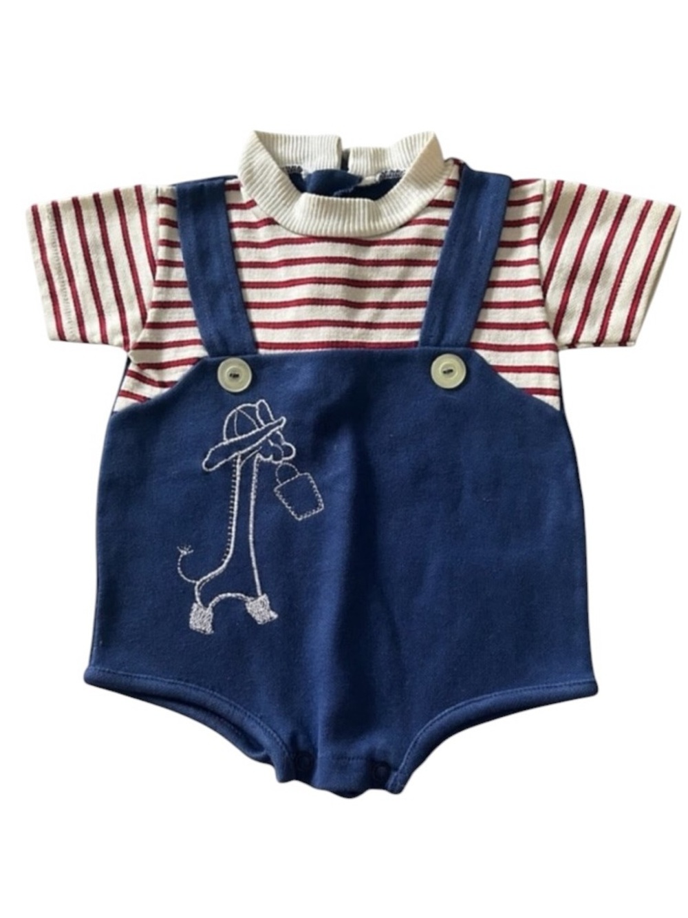 VTG Navy and Red Striped Baby One-Piece Bodysuit with Embroidered Giraffe